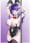  1girl absurdres animal_ears arms_up breasts clothing_cutout curvy genshin_impact hair_ornament highres huge_breasts kanesada_dp large_breasts leotard long_hair looking_at_viewer mole mole_under_eye navel navel_cutout playboy_bunny purple_eyes purple_hair rabbit_ears raiden_shogun simple_background solo thick_thighs thighhighs thighs 