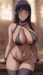  1girl artist_name bikini black_bikini black_hair black_thighhighs blunt_bangs blurry blurry_background breasts cleavage commentary forehead_protector halterneck headband_around_neck highres hyuuga_hinata large_breasts long_hair looking_at_viewer naruto naruto_(series) naruto_shippuuden navel o-ring o-ring_bikini oroborus smile solo swimsuit thighhighs white_eyes 