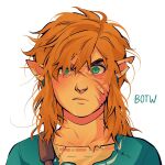  1boy angry artsy-moonwalker blonde_hair english_commentary highres link looking_at_viewer male_focus notched_ear pointy_ears scar scar_on_face solo the_legend_of_zelda the_legend_of_zelda:_breath_of_the_wild torn_clothes white_background 