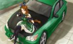  1girl animal_ears black_gloves black_thighhighs breasts brown_eyes brown_hair buttons car double-breasted dress full_body gloves green_car green_dress horse_ears horse_girl horse_tail king_halo_(umamusume) komoro_paint777 looking_at_viewer looking_up medium_breasts motor_vehicle on_vehicle sitting_on_car sleeveless sleeveless_dress tail thighhighs umamusume white_footwear 