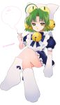  1girl ahoge animal_hands animal_hat apron bell cat_hat cigarette crossed_legs dejiko di_gi_charat dress gloves green_eyes green_hair hair_bell hair_ornament hat highres holding holding_cigarette ia_(carat) jingle_bell looking_at_viewer maid_apron open_mouth paw_gloves paw_shoes short_hair short_sleeves simple_background sitting smoking solo white_background white_mittens 
