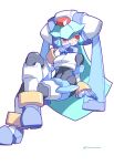  1girl android armor blue_hair closed_mouth crossed_legs finger_to_mouth full_body highres huanxiang_huifeng invisible_chair long_hair looking_to_the_side mega_man_(series) mega_man_zx pandora_(mega_man) red_eyes robot simple_background sitting smile solo twintails very_long_hair white_background 