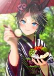  1girl ahoge alternate_costume animal_ears anmitsu_(dessert) asymmetrical_hair black_hair blue_eyes blurry blurry_background blurry_foreground blush bowl cherry closed_mouth commentary_request day eyelashes feeding flower food fruit fruit_bowl fuji_kiseki_(umamusume) grey_hair hair_flower hair_ornament hands_up head_tilt highres holding holding_bowl holding_spoon horse_ears ice ice_cube incoming_food japanese_clothes kimono kiwi_(fruit) kiwi_slice lips looking_at_viewer multicolored_hair obi oil-paper_umbrella otono_(bkt4b) outdoors parted_bangs red_umbrella sash short_hair smile solo spoon two-tone_hair umamusume umbrella upper_body 