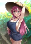  1girl aoi_manabu arm_up armpits blue_overalls blush bokutachi_wa_benkyou_ga_dekinai braid braided_bangs closed_mouth collarbone commentary_request commission dated field fingernails flower flower_field hair_behind_ear hat highres holding_strap kirisu_mafuyu lips long_hair looking_at_viewer naked_overalls outdoors overalls pink_hair pink_lips pixiv_commission signature solo standing straw_hat sun_hat sunflower sunflower_field sweat thighs yellow_headwear 
