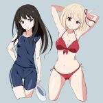  1girl arms_behind_head bike_shorts bikini black_hair blonde_hair blue_shirt blue_shorts bob_cut breasts cleavage cropped_legs grey_background hair_ribbon highres inoue_takina long_hair looking_at_viewer lycoris_recoil medium_breasts nishikigi_chisato noyama_takenoko purple_eyes rash_guard red_bikini red_eyes red_ribbon ribbon shirt short_hair shorts side-tie_bikini_bottom simple_background solo swim_cap swimsuit white_headwear 