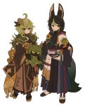  1boy 1girl absurdres adapted_costume ahoge animal_ears black_gloves black_hair capelet closed_mouth collei_(genshin_impact) earrings flower fox_boy fox_ears fox_tail full_body genshin_impact gloves green_capelet green_eyes green_hair hair_ornament highres holding iwashi_(iwashi008) jewelry long_sleeves medal multicolored_hair purple_eyes sash simple_background single_earring tail tassel tighnari_(genshin_impact) white_background wide_sleeves yellow_flower 
