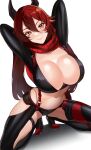  1girl bodysuit breasts cleavage goddess_of_victory:_nikke hair_between_eyes highres hip_vent horns large_breasts leather leather_pants long_hair long_sleeves looking_at_viewer mechanical_horns navel pants red_hair red_hood_(nikke) red_scarf scarf shiny_clothes skin_tight smile solo volyz yellow_eyes 