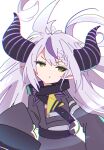  1girl black_horns hololive horns ixy la+_darknesss long_hair multicolored_hair purple_hair simple_background sleeves_past_wrists solo streaked_hair striped_horns virtual_youtuber white_background white_hair yellow_eyes 