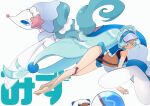  1girl ball beachball blue_eyes blue_hair colored_eyelashes dive_ball hatsune_miku highres long_hair mamommmuuu oshawott poke_ball pokemon pokemon_(creature) primarina project_voltage starfish_hair_ornament swimsuit tan tanlines twintails very_long_hair visor_cap vocaloid water_miku_(project_voltage) 