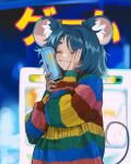  ^_^ ahoge animal_ears blue_hair blurry blurry_background blush can closed_eyes closed_mouth dot_nose drink hand_on_own_cheek hand_on_own_face happy highres holding holding_can holding_drink long_sleeves medium_hair monster_energy mouse_ears mouse_girl mouse_tail multicolored_sweater object_hug original parasoru_buruu rainbow_order sleeves_past_wrists smile sweater tail text_background thick_eyebrows upper_body 