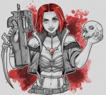  1girl belt_buckle blade blood bloodrayne bloodrayne_(videogame) breasts buckle bullpup cleavage commentary commission effy_neprin english_commentary gun hair_ornament holding holding_gun holding_weapon jewelry looking_at_viewer medium_breasts navel necklace p90 red_hair short_hair signature skull solo strap submachine_gun upper_body vampire weapon 