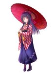  1girl black_hair blush boots chain_paradox full_body hakama hakama_skirt holding holding_umbrella japanese_clothes kimono long_hair miyagino_kyouka morino_miyako oil-paper_umbrella red_eyes red_umbrella skirt solo standing transparent_background umbrella wide_sleeves yagasuri 