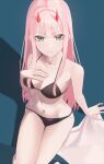  1girl absurdres aqua_eyes bikini black_bikini blunt_bangs breasts closed_mouth collarbone commentary darling_in_the_franxx highres horns long_hair medium_breasts michelan navel pink_hair red_horns sitting smile solo swimsuit thighs zero_two_(darling_in_the_franxx) 