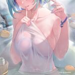  1girl artist_name bath bathing blue_archive blush bracelet breasts character_doll choko_(cup) close-up cropped cup green_hair hand_up hands_up highres jewelry jwthor large_breasts naked_towel nodoka_(blue_archive) onsen partially_submerged see-through shigure_(blue_archive) shigure_(hot_spring)_(blue_archive) short_hair smile solo steam tail tongue towel upper_body water weapon weasel_girl weasel_tail wet 