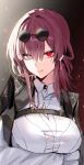  1girl arm_under_breasts black_cape breasts cape chinese_commentary collared_shirt commentary_request eyewear_on_head highres honkai:_star_rail honkai_(series) horn/wood kafka_(honkai:_star_rail) large_breasts long_hair long_sleeves looking_at_viewer purple_hair round_eyewear shirt smile solo sunglasses upper_body white_shirt 