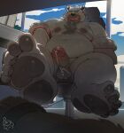  2023 absurd_res anthro balls belly big_belly bodily_fluids bound canid canine canis detailed_background domestic_dog erection feet genital_fluids genitals hi_res inside kemono male mammal overweight overweight_male penis piero03432812 precum sitting solo_focus 