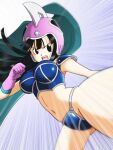  1girl aiueo8371 armor ass_visible_through_thighs bikini bikini_armor black_eyes black_hair blue_bikini breasts cape chi-chi_(dragon_ball) clenched_hand dragon_ball dragon_ball_(classic) emphasis_lines gloves green_cape helmet kicking leg_up legs_apart long_hair looking_at_viewer navel open_mouth pink_gloves pink_headwear solo standing standing_on_one_leg swimsuit thighs 