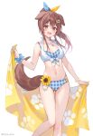  1girl :d animal_ears brown_hair dog_ears dog_girl dog_tail fukahire_(ruinon) hair_between_eyes hololive inugami_korone looking_at_viewer orange_eyes ponytail smile solo stomach swimsuit tail virtual_youtuber white_background 