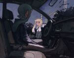  2girls agent_3_(splatoon) agent_3_(splatoon_3) blonde_hair braid car car_interior closed_eyes closed_mouth dr_mice green_hair highres inkling inkling_girl jacket long_hair long_sleeves motor_vehicle multiple_girls pointy_ears power_lines shirt side_braid sitting sky splatoon_(series) splatoon_3 steering_wheel tentacle_hair tree twitter_username white_shirt 