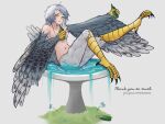  1girl absurdres animal_hands bird_bath bird_legs bird_tail blush bottle breasts claws grey_feathers grey_hair harpy highres holding holding_bottle indie_virtual_youtuber julionugroho35 looking_at_viewer monster_girl navel nude second-party_source small_breasts solo tail tail_feathers talons valk_(devalk) virtual_youtuber water winged_arms wings yellow_eyes 