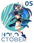  1girl arrow_(projectile) blue_eyes blue_hair boots earrings fongban_illust fur_trim gloves hair_intakes high_heel_boots high_heels highres hololive hololive_english jewelry long_hair midriff multicolored_hair ouro_kronii pointy_ears solo virtual_youtuber 