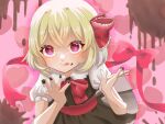  1girl :p black_nails blonde_hair bow bowtie chocolate chocolate_on_face crossed_bangs food food_on_face hair_ribbon hands_up heart heart_background highres leaning_forward looking_at_viewer nail_polish pink_background pink_eyes red_bow red_bowtie red_ribbon ribbon rumia shirt short_hair short_sleeves skirt solo tongue tongue_out touhou user_wsuy8554 vest 