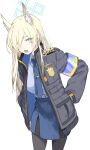  animal_ear_fluff armband blue_archive blue_armband blue_necktie blue_shirt extra_ears haimura_kiyotaka hair_over_one_eye halo highres interrogation kanna_(blue_archive) necktie notched_ear police police_badge police_uniform policewoman sharp_teeth shirt teeth tie_clip uniform 