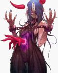  1girl andrewcockroach arm_tattoo bare_shoulders black_dress blue_hair blue_nails breasts chain dark_blue_hair demon_girl demon_horns detached_horns dress highres horns large_breasts long_hair looking_at_viewer magic_circle open_mouth original pentagram pink_eyes red_horns see-through see-through_dress tattoo 