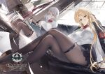  2girls arm_support azur_lane bismarck_(azur_lane) blonde_hair blue_eyes book breasts copyright_name couch cup day flag grey_hair highres holding indoors jacket jacket_on_shoulders kurumi_(recycllamo) large_breasts logo long_hair long_sleeves looking_at_viewer mechanical_pencil multiple_girls off_shoulder official_art open_book pantyhose pencil pleated_skirt ribbon shirt short_hair simple_background sitting skirt smile teacup teapot thigh_strap thighhighs tirpitz_(azur_lane) white_shirt window 