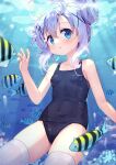  1girl :t blue_eyes blue_hair blue_one-piece_swimsuit blush breasts closed_mouth collarbone commentary_request covered_navel double_bun fish gochuumon_wa_usagi_desu_ka? hair_between_eyes hair_bun hair_ornament hairclip hand_up highres kafuu_chino one-piece_swimsuit school_swimsuit short_hair small_breasts solo swimsuit taku_michi thighhighs underwater white_thighhighs x_hair_ornament 