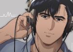  1boy adjusting_headphones black_eyes blue_jacket city_hunter closed_mouth copyright_name eyebrow_cut fingernails hair_between_eyes headphones highres jacket looking_at_viewer male_focus portrait saeba_ryou short_hair simple_background solo twitter_username yuu_(masarunomori) 