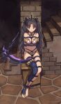  1girl absurdres arms_behind_back ass barefoot bdsm black_hair black_ribbon blush bondage bound breasts dated earrings fate/grand_order fate_(series) full_body hair_ribbon highres hoop_earrings ishtar_(fate) jewelry medium_breasts navel nero_augustus red_eyes restrained ribbon rope shibari single_thighhigh sitting solo thighhighs toeless_legwear toes twitter_username two_side_up 