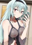  1girl absurdres alternate_language babydoll black_babydoll blue_hair breasts cleavage closed_mouth collarbone commentary_request covered_nipples girls&#039;_frontline hair_between_eyes hairband highres holding holding_phone inverted_nipples kuzumotsu large_breasts lingerie long_hair looking_at_viewer midriff multiple_scars navel nipples partial_commentary phone red_eyes scar scar_on_neck see-through see-through_shirt selfie solo thunder_(girls&#039;_frontline) underwear 