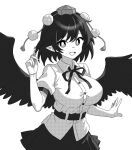  1girl bird_wings breasts buttons collared_shirt feathered_wings greyscale hat large_breasts looking_at_viewer monochrome onkn_sxkn open_mouth pleated_skirt pointy_ears pom_pom_(clothes) shameimaru_aya shirt short_hair short_sleeves simple_background skirt smile solo tokin_hat touhou white_background wings 
