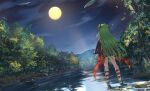  1girl black_dress dress dutch_angle falling_leaves forest from_behind full_moon green_hair hair_ribbon highres leaf long_hair long_sleeves moon murasame_(senren) nanashita_shiki nature night night_sky outdoors red_ribbon ribbon river scenery senren_banka short_dress sky solo standing star_(sky) starry_sky two_side_up very_long_hair water 