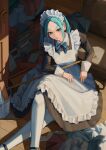  1girl absurdres alternate_costume apron aqua_eyes aqua_hair black_dress book bucket chair closed_mouth dress enmaided highres indoors maid maid_apron maid_headdress monogatari_(series) mop nemo_ringo on_floor ononoki_yotsugi pantyhose pointy_ears solo twintails white_apron white_pantyhose 