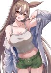  1girl :d animal_ears arm_at_side arm_up bangs bare_shoulders blunt_ends blush breasts brown_hair camisole cleavage collarbone cowboy_shot crop_top eyelashes green_shorts hair_between_eyes head_tilt herohero_(higashi_no_dou) highres horse_ears horse_girl jacket large_breasts leaning_to_the_side long_hair looking_at_viewer midriff navel off_shoulder open_clothes open_jacket open_mouth satono_diamond_(umamusume) short_shorts shorts simple_background smile solo standing straight_hair umamusume v very_long_hair white_background white_camisole white_jacket yellow_eyes 