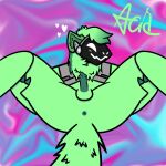  2023 acid_(acidtheporto) acidtheporto anthro anus balls blush erection fur genitals green_body green_fur looking_at_viewer lying machine male nude on_back penis protogen smile solo spread_legs spreading watermark 