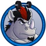  1:1 2014 2_horns almasy alpha_channel anthro barbell black_hair chuck_(braford) facial_hair facial_horn goatee grey_body grey_skin hair headshot_portrait hi_res highlights_(coloring) horn icon male mammal nose_horn ponytail portrait red_highlights rhinoceros solo weights 