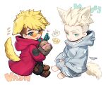  2boys :3 :p animal_ears aqua_eyes bag barefoot black_pants blonde_hair blue_eyes brothers bullet cat cat_boy cat_ears cat_tail character_name chibi coat commentary dog dog_boy dog_ears dog_tail doughnut extra_ears finger_heart food from_side frown full_body glasses heart holding holding_bag hood hood_down hooded_coat hooded_robe knife long_sleeves looking_at_viewer looking_to_the_side male_focus millions_knives mole mole_under_eye multiple_boys orange-tinted_eyewear pants paper_bag prosthesis prosthetic_arm raku7560 red_coat robe short_hair siblings sitting spiked_hair symbol-only_commentary tail tail_through_clothes tinted_eyewear tongue tongue_out trigun trigun_stampede twins undercut vash_the_stampede white_background white_hair 