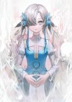  1girl absurdres blue_dress blue_flower blue_hair dress enn400 expressionless flower grey_eyes grey_hair hair_flower hair_ornament hair_over_one_eye highres isekai_joucho kamitsubaki_studio long_hair looking_at_viewer multicolored_hair own_hands_together sketch solo straight-on two-tone_dress two-tone_hair upper_body virtual_youtuber white_dress 