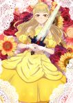  1girl bare_shoulders blonde_hair choker detached_sleeves dress earrings eyelashes feet_out_of_frame floral_background flower frilled_choker frilled_gloves frills gloves highres himeno_ran holding holding_sword holding_weapon jewelry long_hair looking_at_viewer n_ur_ur ohsama_sentai_king-ohger puffy_sleeves red_flower red_rose rose smile sunflower super_sentai sword weapon white_gloves yellow_dress yellow_eyes 
