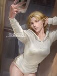  1girl annie_leonhardt art_of_neight artist_name blonde_hair blue_eyes breasts cellphone commentary contemporary contrapposto covered_nipples english_commentary hand_in_own_hair highres holding holding_phone hood hoodie medium_breasts mirror phone selfie shingeki_no_kyojin smartphone solo watermark web_address white_hoodie 