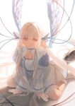  1girl 58_(scbaby) absurdres all_fours angel_wings backlighting blonde_hair blunt_bangs blurry cable chii chobits cleavage_cutout clothing_cutout depth_of_field doily dress feathered_wings fingernails frilled_dress frills full_body hair_tubes highres kneeling lolita_fashion long_hair long_sleeves looking_at_viewer parted_lips petticoat pink_eyes puffy_long_sleeves puffy_sleeves red_eyes robot_ears sitting socks solo sweet_lolita very_long_hair white_wings wide_sleeves wings 