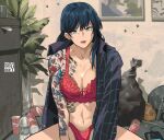  1girl arm_tattoo black_hair black_jacket blue_eyes bottle bow bow_bra bra breasts bug can cocomeen ear_piercing fly indoors jacket large_breasts navel original panties piercing plant red_bra red_panties sitting tattoo trash trash_bag underwear 