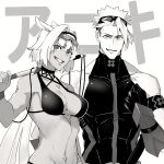  1boy 1girl absurdres achilles_(fate) achilles_(fearless_diver)_(fate) bikini breasts caenis_(fate) collarbone fate/grand_order fate_(series) gauntlets goggles goggles_on_head grin harpoon haruakira highres holding large_breasts large_pectorals looking_at_viewer monochrome muscular muscular_male open_mouth pectorals shirt short_hair sleeveless sleeveless_shirt smile swimsuit tattoo toned undercut 