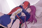  2girls alear_(female)_(fire_emblem) alear_(fire_emblem) bed breasts cleavage closed_eyes dress fire_emblem fire_emblem_engage hug ivy_(fire_emblem) kiss knee_guards long_hair multicolored_hair multiple_girls pillow purple_hair red_hair split-color_hair sweat two-tone_hair very_long_hair yuri yuuhi_(arcadia) 