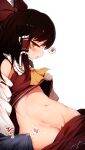  1girl ascot bare_shoulders black_hair bow clothes_pull detached_sleeves female_pubic_hair hagure_kedama hair_bow hair_tubes hakurei_reimu highres japanese_clothes long_hair navel nontraditional_miko pubic_hair pussy red_bow red_eyes red_skirt ribbon-trimmed_sleeves ribbon_trim sidelocks skirt skirt_pull solo touhou white_sleeves wide_sleeves yellow_ascot 