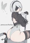  1girl 2b_(nier:automata) absurdres animal_print ass back_cutout black_blindfold black_headband black_thighhighs blindfold butterfly_print clothing_cutout commentary_request feather-trimmed_sleeves from_behind grey_background headband highres holding holding_sword holding_weapon juliet_sleeves katana leotard long_sleeves looking_back mole nier:automata nier_(series) official_alternate_costume open_mouth patreon_username poechan_chan puffy_sleeves short_hair simple_background sitting solo sword thighhighs virtuous_contract weapon white_hair white_leotard 