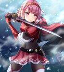  1girl armor braid cape closed_mouth covered_navel fire_emblem fire_emblem_engage gloves hair_ribbon hairband highres holding holding_sword holding_weapon lapis_(fire_emblem) long_sleeves looking_to_the_side pink_eyes pink_hair red_cape red_hairband ribbon serious short_hair side_braid skin_tight skirt snowing solo swept_bangs sword two-tone_hairband weapon white_ribbon yozu_(yozu0420) 